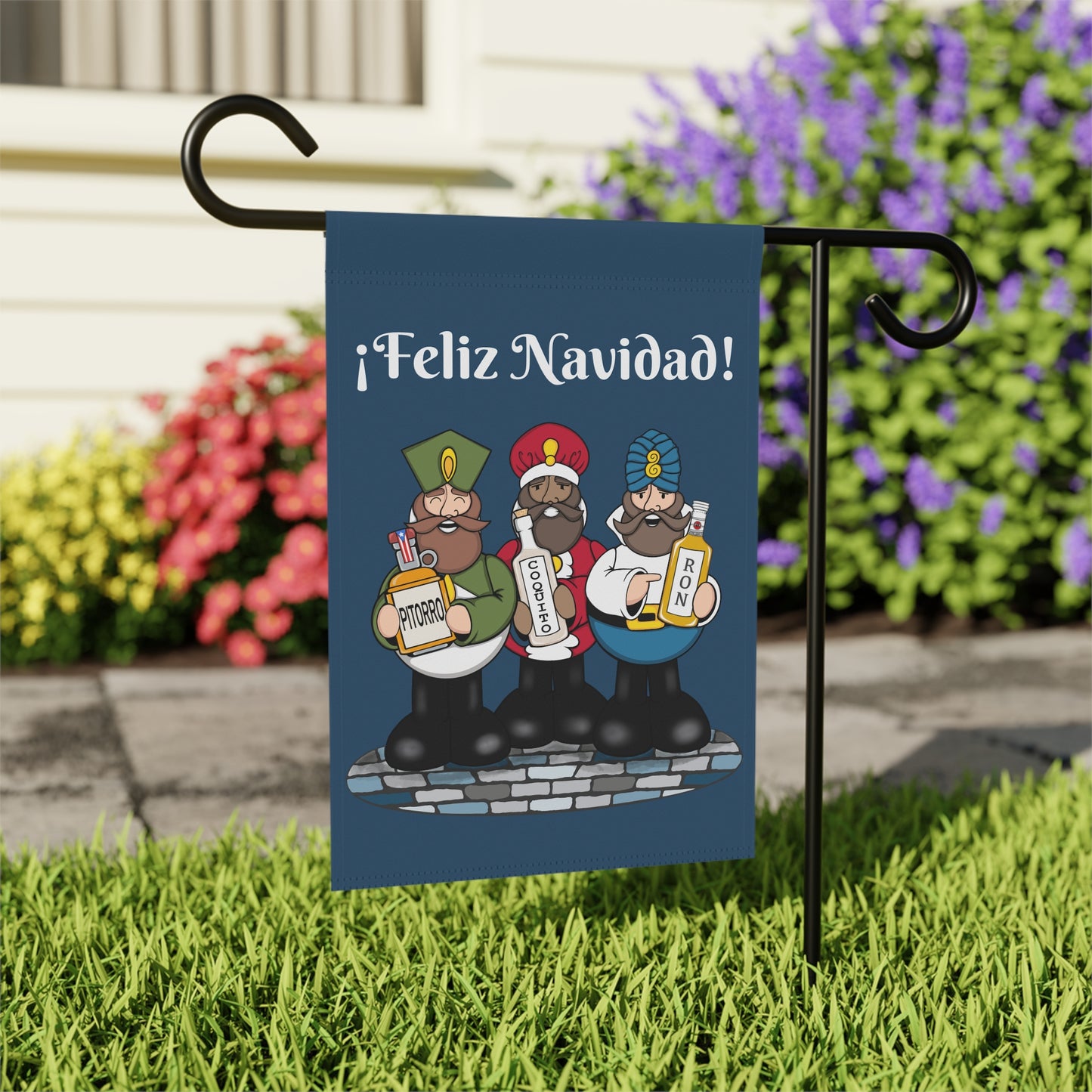 Reyes Pipones | Pitorro, Coquito, Ron | ¡Felíz Navidad! | Blue | Garden Flag