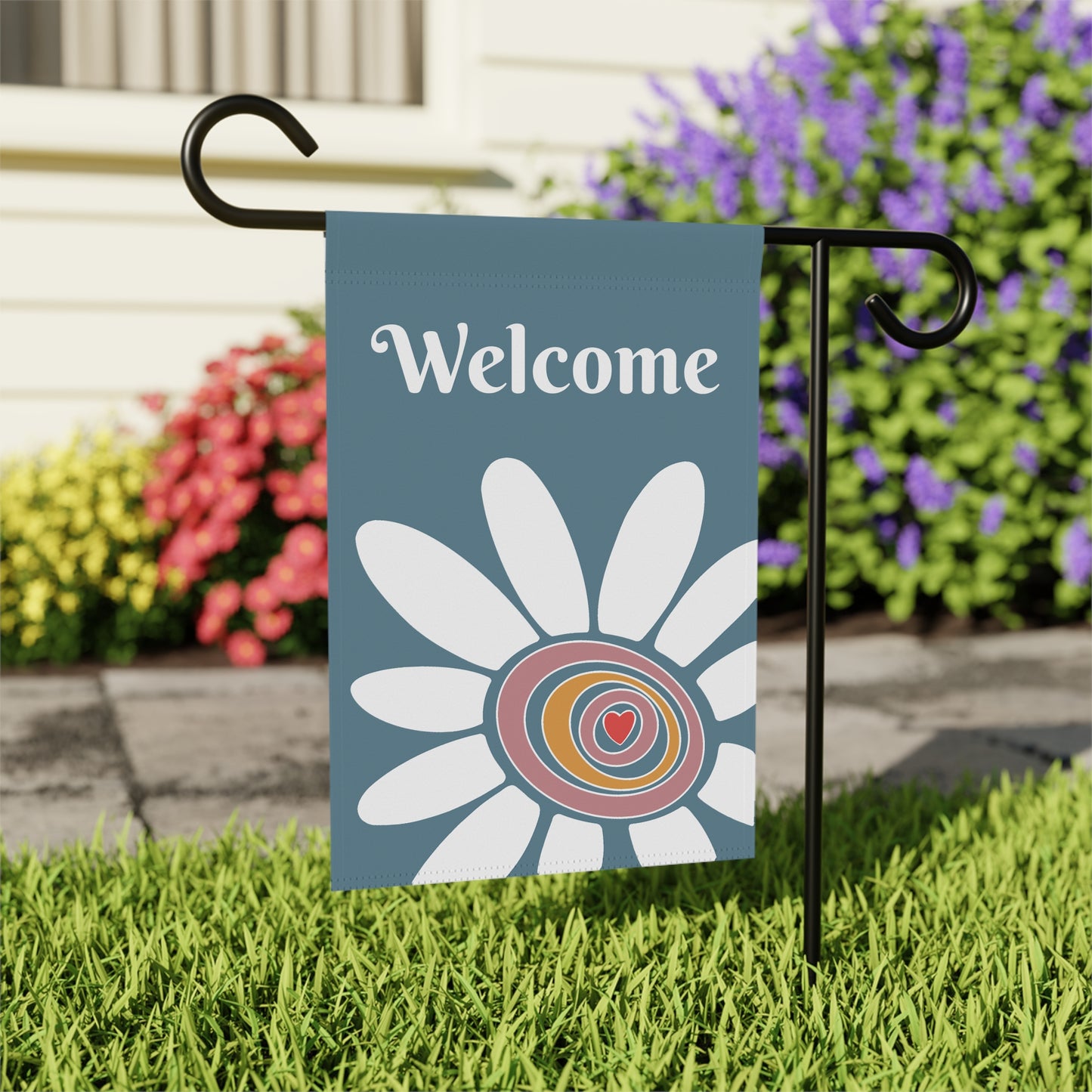 Welcome | White Flower & Heart | Garden Flag