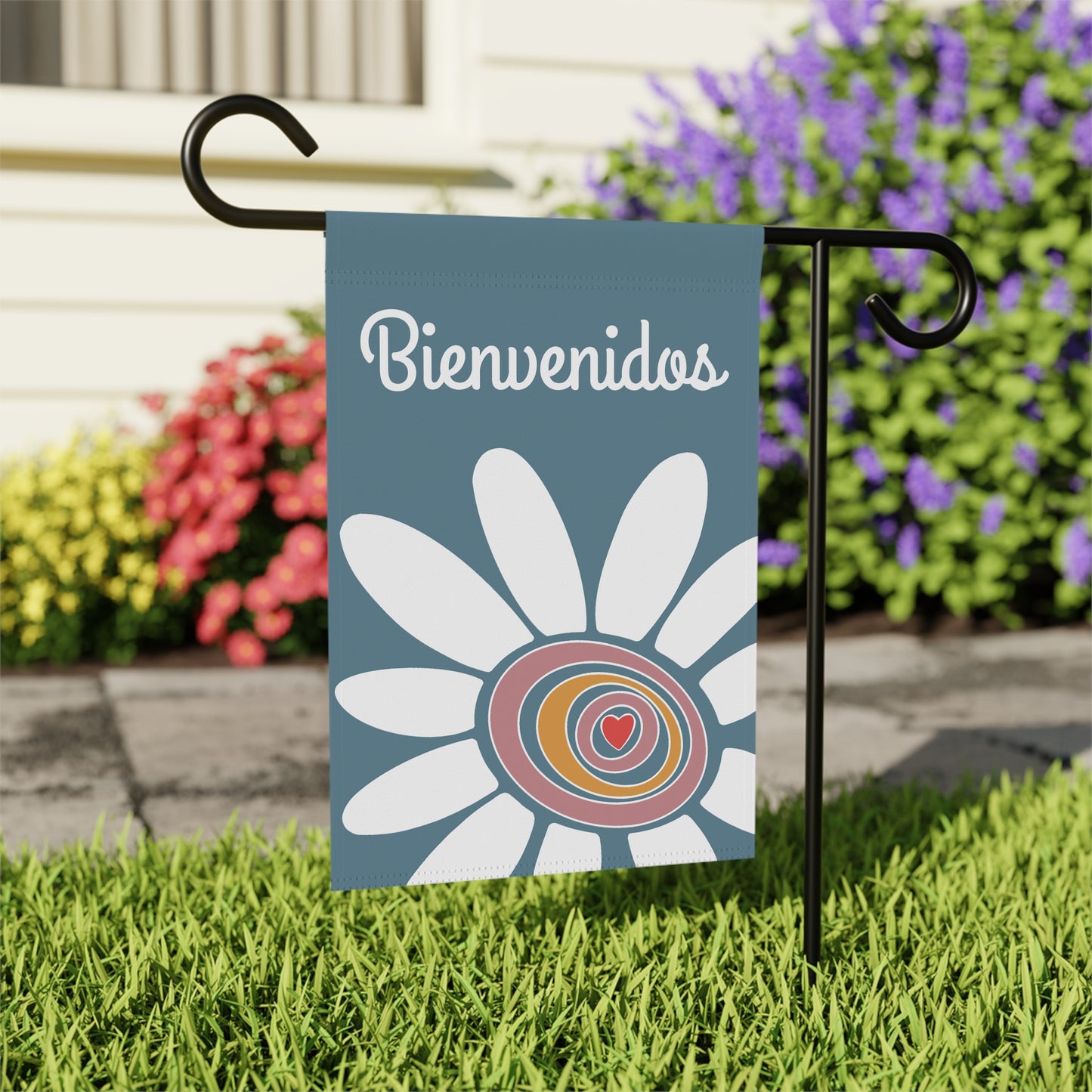 White Flower & Heart | Bienvenidos |  Blue | Garden Flag