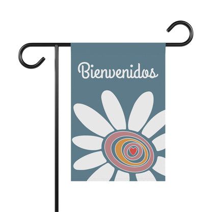 White Flower & Heart | Bienvenidos |  Blue | Garden Flag