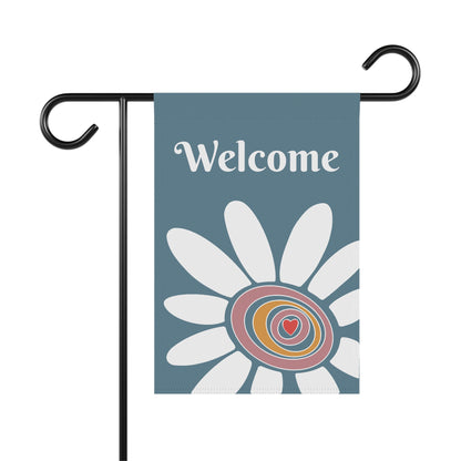 Welcome | White Flower & Heart | Garden Flag