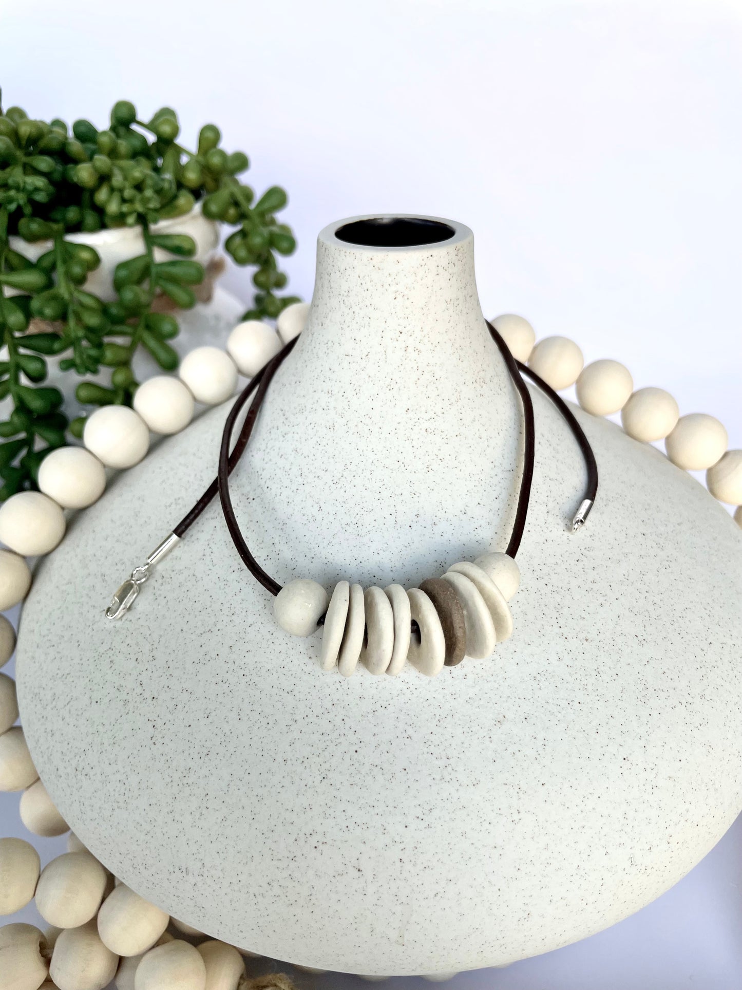 Porcelain Discs Circles Necklace with Leather Cord | Porcelain Necklace